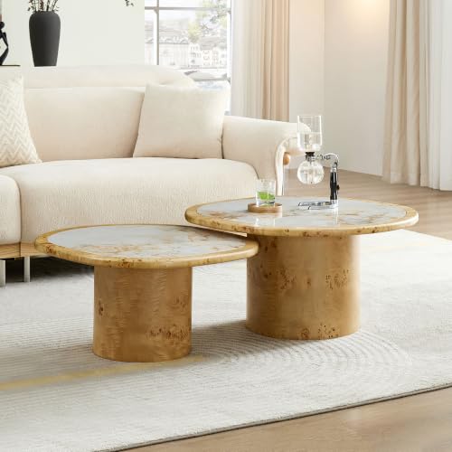 Nesting Coffee Table Set of 2 with Sintered Tabletop, Natural | 29.13" & 23.38" Modern Irregular Kitchen Table, Burl Wood Veneer, Sturdy MDF Pedestal Base for living Room, Easy Assembly - color: 29.13" & 23.38", Natural