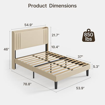 Gizoon Full Bed Frame with Charging Station and LED Lights | Upholstered Wingback Platform Bed with Padded Headboard,Wooden Slats,Noise-Free,No Box Spring Needed, Easy Assembly,Beige - color: Beige+led, size: Full