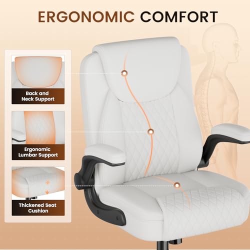GTPLAYER PU Leather Office Chair, Home Desk Chair with Flip-up Arms, White | Ergonomic Back, Comfy Executive Chair for Home Office Gaming, Flexible Rocking, Heavy Duty Chairs - color: White