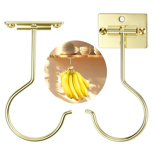 2Pcs Gold Self-Adhesive Banana Hook, Grape Hook, Kitchen Fruit Hooks, Banana Hanger, Keep Bananas Fresh Under The Cabinet, with Magnetic Absorption Storage Perfect Design - color: Gold, size: 2 Pieces