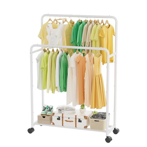 Simple Trending Clothing Clothes Rack, Double Rod Garment Rack, White | Portable Closet with Bottom Shelf, Anti-Slip Stoppers, 360° Lockable Wheels, Multiple Uses, Bedroom, Laundry Room - color: White
