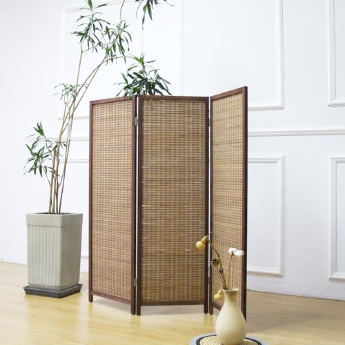 3 Panel Short Room Divider Screen,Brown Freestanding Partition,Small Bamboo Panel Divider for Room Seperation,3.95 FT Tall - color: Brown, size: 3 Panel