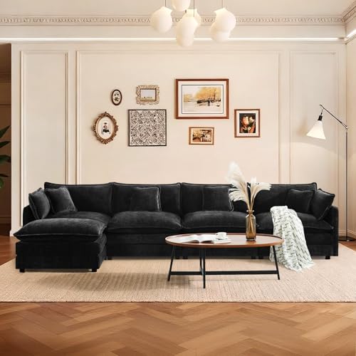137" Chenille L Shaped Modular Sofa with Ottoman,Black | Randomly Assemble Modular Sofa Sets, Modern Recliner Deep Seat Sofa Set for Living Room,Office - color: Black, size: 4S+1O