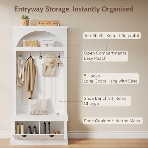 Hall Tree with Bench and Shoe Storage, Farmhouse Entryway Coat Rack with Arched Top Shelf, 5 Hooks, Flip-Down Shoe Cabinet, Beadboard Paneling, Anti-Tip Device, White, 32.7" x 15.8" x 76.8"