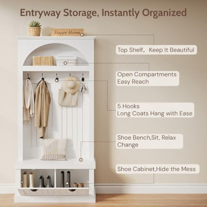 Hall Tree with Bench and Shoe Storage, Farmhouse Entryway Coat Rack with Arched Top Shelf, 5 Hooks, Flip-Down Shoe Cabinet, Beadboard Paneling, Anti-Tip Device, White, 32.7" x 15.8" x 76.8"