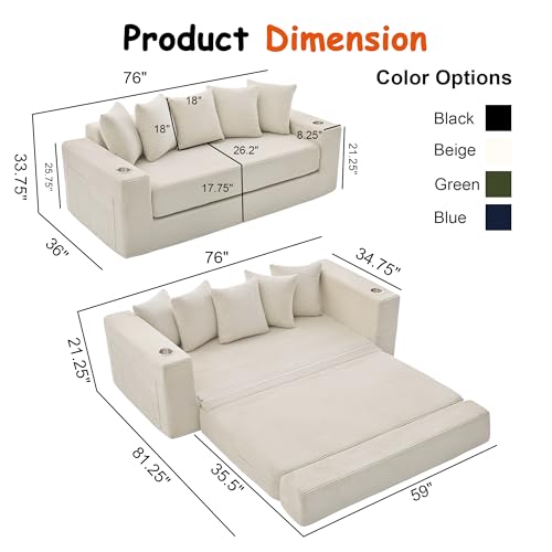 76" Convertible Sofa Bed, Corduroy Boneless Couch with Cup Holders & Pocket | 2-in-1 Sleeper Sofa, Pull-out Couch Bed with 5 Pillows, Living Room, Small Spaces, Bedroom, No Assembly - color: 76" Beige