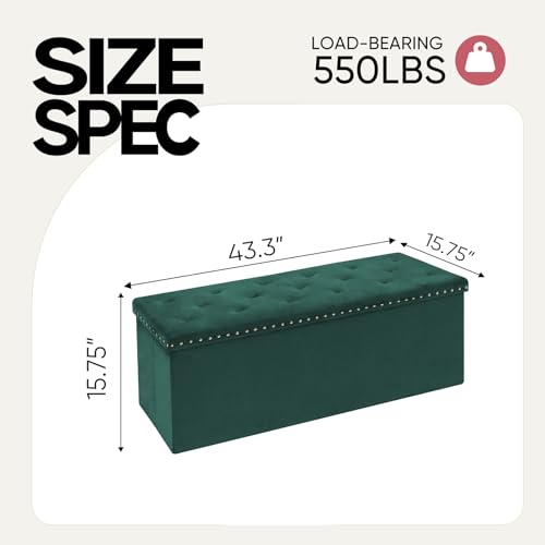 43 Inches Velvet Storage Ottoman Bench, Folding Upholstered Ottoman with Storage for Bedroom Living Room, 140L Capacity - color: Green