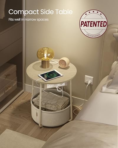 VASAGLE LILEA Collection - Side Table with Charging Station, Round End Table with Fabric Basket, Nightstand with USB Ports, for Living Room, Bedroom, Modern, Cream White ULET228N01 - color: Cream White
