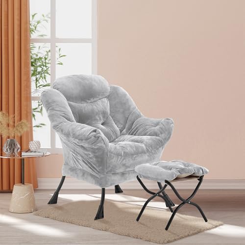 Youtanic Lazy Chair with Folding Ottoman, Accent Chair Plush Upholstered with Metal Structure and Non-Slip Pads, Sofa Armchair with Footrest and Side Storage Bag for Dorm, Room, Office, Light Gray - color: Plush Light Gray