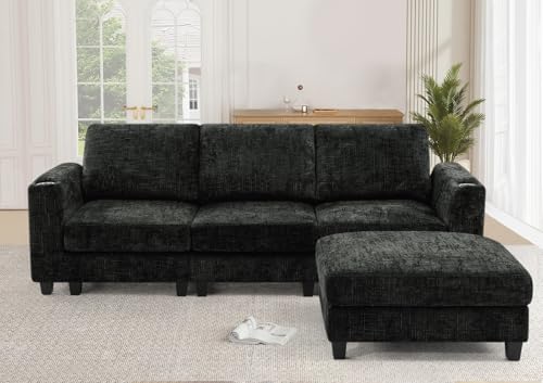 87" Chenille 3 Seater Couch with Soft Ottoman, Black | L-Shape Sectional Sofa with Durable Cup Holders, Upholstered Sofa with Comfy Backrests for Living Room, House - color: Black, size: 87" L-Shape