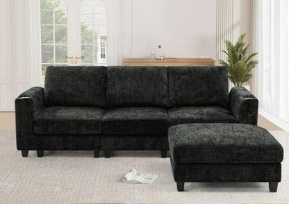 87" Chenille 3 Seater Couch with Soft Ottoman, Black | L-Shape Sectional Sofa with Durable Cup Holders, Upholstered Sofa with Comfy Backrests for Living Room, House - color: Black, size: 87" L-Shape
