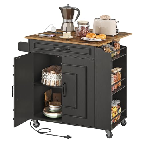 Kitchen Island with Power Outlets & Drop Leaf, Rolling Kitchen Cart on Wheels, Kitchen Storage Island with Spice Rack and Drawer for Kitchen, Dinning Room, Black and Rustic Brown - color: Black + Rustic Brown