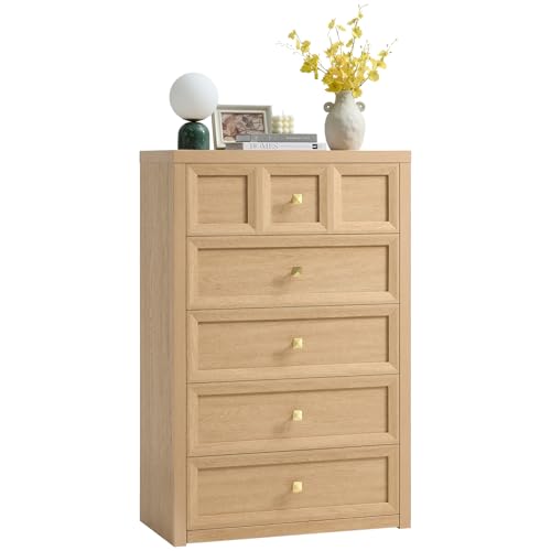 5 Drawers Dresser for Bedroom, 45.7" Tall Large Dresser & Chests of Drawers with Metal Handle, Clothes Storage Organizer Dresser w/Natural Texture for Bedroom, Living Room-Natural Oak,1 Piece - color: Natural Oak, size: 15.6"D x 29.5"W x 45.7"H (5 Drawers