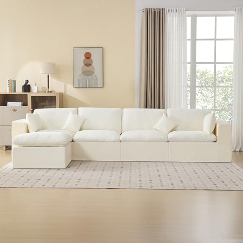 146''Cloud Boneless Sectional Couch, Modular Sectional Sofa Deep Seat with Ottoman, Oversized Upholstered Convertible Comfy 5 Seater Chenille Sofa L Shape Couches for Living Room, Beige - color: Beige, size: 146"/4 Seater+1 Ottoman