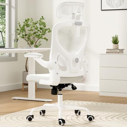 Office Desk Chair Computer High Back Mesh Gaming Seat with Ergonomic Adjustable Comfy Flip-up Armrests Lumbar Support Height for Home Office (White) - color: White