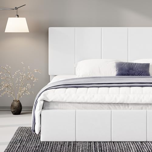 Allewie King Size Dutch Velvet Upholstered Platform Bed Frame/Vertical Channel Tufted Adjustable Headboard/Low Profile Bed Frame/No Box Spring Needed/Easy Assembly/White - color: White, size: King