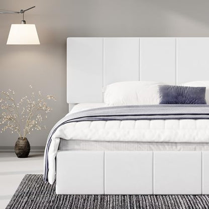 Allewie King Size Dutch Velvet Upholstered Platform Bed Frame/Vertical Channel Tufted Adjustable Headboard/Low Profile Bed Frame/No Box Spring Needed/Easy Assembly/White - color: White, size: King