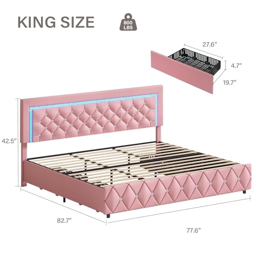 Pink King Size Bed Frame with LED Lights and Diamond Tufted Headboard | Princess Bed Frame with Storage Drawers, Wooden Slats Support, No Box Spring Needed, Easy Assembly - color: Pink, size: King