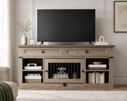 WLIVE Farmhouse TV Stand up to 65 Inch TV with 2 Storage Drawers & Open Shelves, Entertainment Center with Small Dog/Cat House, TV Cabinet for Living Room, Bedroom,Dog Crate Furniture(Grey Oak) - color: Grey Oak
