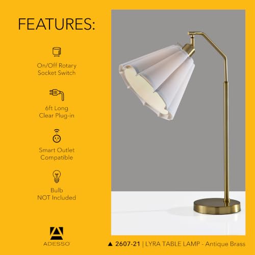 Adesso Table Lamp, Antique Brass & White, Adjustable Arm, 26” | Lyra 60W Table Lamp with Scalloped Fabric Shade, Rotary Switch, Bedroom, Living Room, or Home Office Accent Lighting