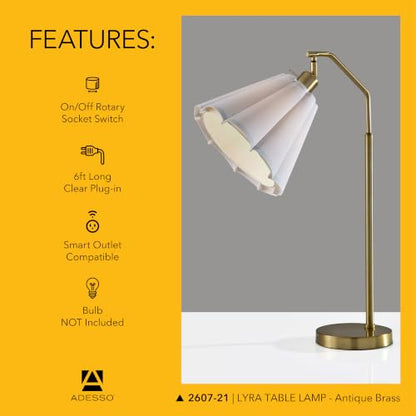 Adesso Table Lamp, Antique Brass & White, Adjustable Arm, 26” | Lyra 60W Table Lamp with Scalloped Fabric Shade, Rotary Switch, Bedroom, Living Room, or Home Office Accent Lighting