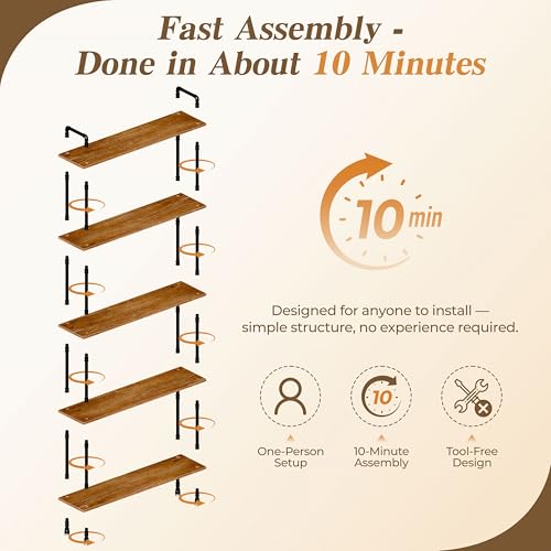 Industrial Bookshelf, Pipe Shelf Bookcase, 5 Tier, 48" Rustic Brown | Solid pine shelves, 48 inch wide, black pipe frame, 50 lbs per shelf, open bookcase for books, plants, office - color: Rustic Brown, size: 48"L × 70"H