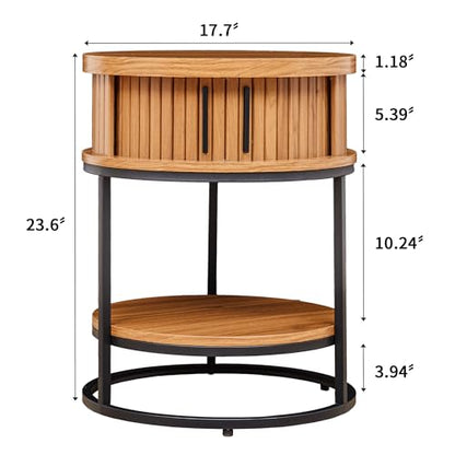 Turtle&Myrtle Small Round Side Table with Storage, 2-Tier Wooden End Table with Sliding Door and Shelf, Mid-Century Circle Nightstand for Living Room, Bedroom, Walnut - style: Mid-Century Modern