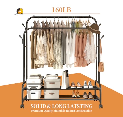 Antiwar Sturdy Metal Double Rodding Clothes Rack With Wheels, Portable Clothing Rack With Shelves & Hooks, Heavy Duty Garment Racks for Hanging Clothes, Multi-Functional Closet Rack for Bedroom, Black - color: LIght Black