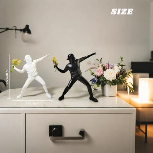 Banksy Street Graffiti Art Statue,Throwing Flower Boy Figurine,Resin Statue Ornaments,Living Room Dining Desk Decorations,Bookshelf Decorative Objects,Modern Home Decor(8.6"/Black) - color: Throwing Flower Boy-black-1