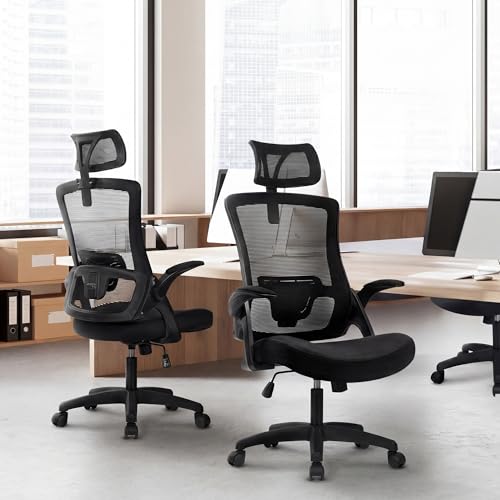 NEO CHAIR Office Desk Chair with Ergonomic High Back Mesh Headrest, Black | Adjustable Headrest and Lumbar Support with Flip-Up Armrests Designed for Extended Sitting Comfort While Saving Space - color: Black