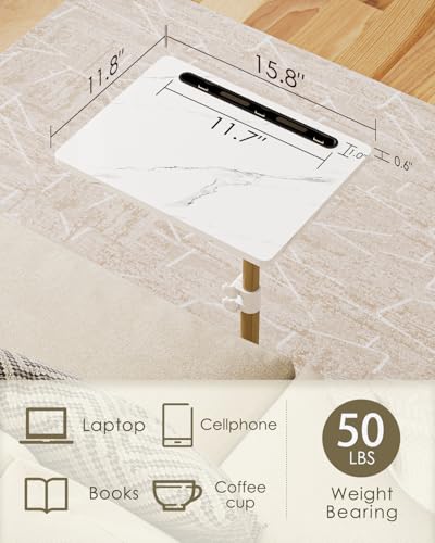 Masupu Sofa Arm Tray Table - 360° Swivel Height Adjustable End Table, Small Snack Side Table for Couch, C Shaped Table for Bed, Chair or TV Tray Table(Marble White and Gold) - color: Marble White