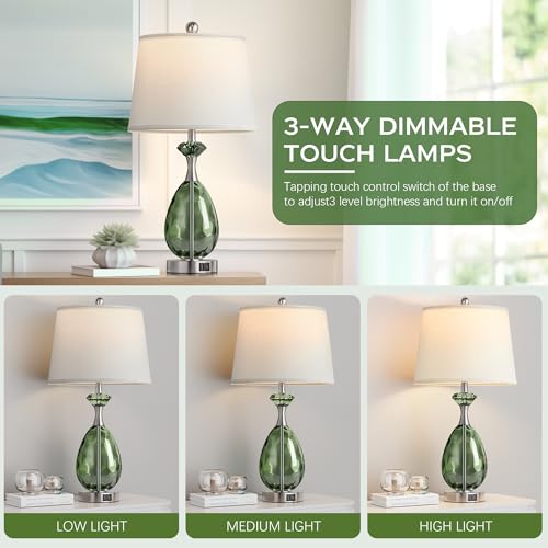 Coastal Glass Table Lamps Set of 2, 3-Way Dimmable Touch Control Nautical Lamp with USB A+C Ports,Bedside Lamp Beach Decor,Nightstand Lamp with White Shade for Living Room Bedroom(LED Bulbs Included) - color: Green