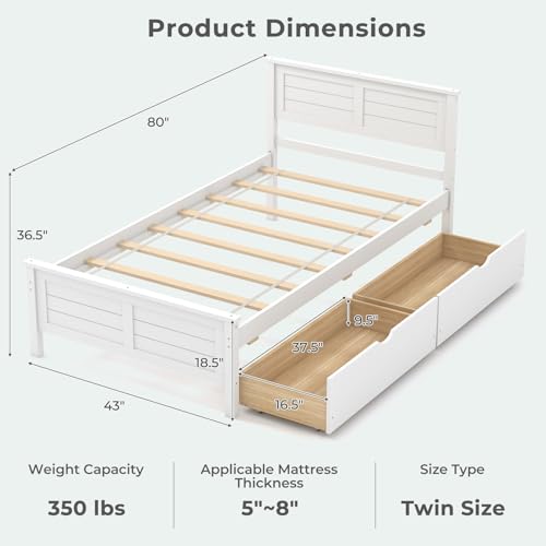 Giantex Wood Twin Bed with 2 Storage Drawers, Solid Wood Platform Bed with Headboard, Wooden Slats Support Mattress Foundation, No Spring Needed, Twin Bed Frame for Kids, Teens, Adults, White - color: White, size: Twin