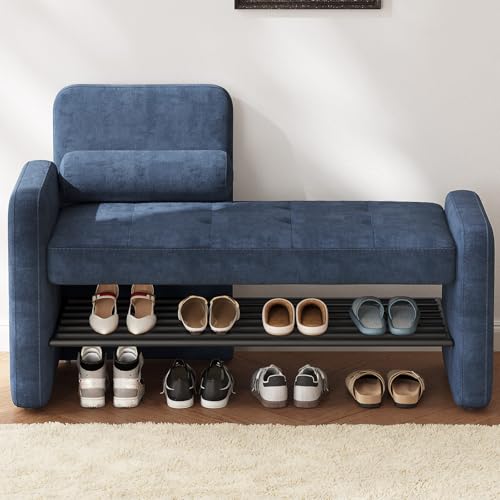 Miuuod 40.94" Navy Blue Upholstered Shoe Storage Bench with Adjustable Backrest,2-Tier Entryway Cabinet Ottoman,Bedroom Stool with Cushion, Narrow Hallway Organizer Shelf Seat for Living Room & Dorm - color: Blue, style: Modern2