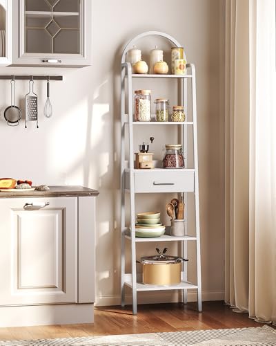 5 Tier Ladder Shelf with Drawer, Tall Ladder Bookshelf, Standing Bookcase with Metal Frame for Living Room, Bathroom, Home Office, Study, Balcony, White TCJ07WB - color: White