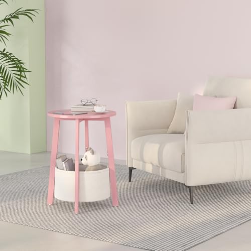 sthmec Small Round Side End Table with Cloth Storage Basket, Round Bedside Sofa Couch Coffee Tables for Small Places with Metal Frame, Modern Nighstands for Living Room Bedroom, Pink - color: Pink