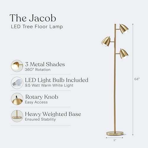 Brightech Jacob LED Standing Lamp, Modern Bright Floor Lamps for Living Rooms & Bedrooms, Tall LED Lighting Lamp with Adjustable 3 Light Tree – Antique Brass/Gold - color: Brass