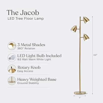Brightech Jacob LED Standing Lamp, Modern Bright Floor Lamps for Living Rooms & Bedrooms, Tall LED Lighting Lamp with Adjustable 3 Light Tree – Antique Brass/Gold - color: Brass
