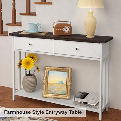42" Solid Wood Console Table with 2 Fabric Drawers, Entryway Table with Storage Shelves, Sofa Table for Entryway, Hallway, Living Room, Kitchen or Behind Couch in Foyer, White - color: White