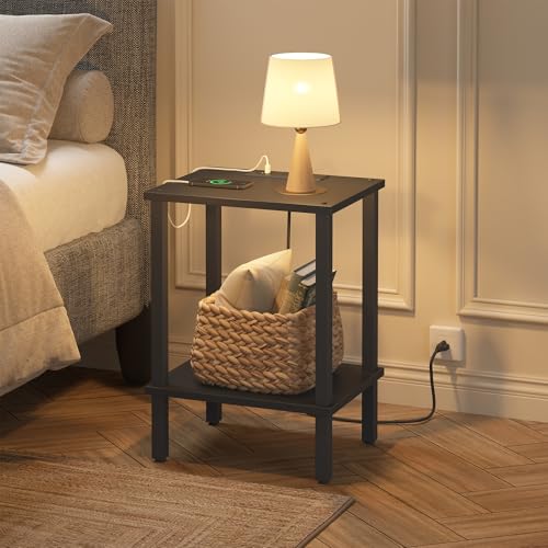 TUTOTAK End Table with Charging Station, Side Table Set of 2, Nightstand | 2-Tier Storage Shelf, Bedside Table with USB Ports, Sofa Table for Small Space, Livingroom, Bedroom Black TB01BK041 - color: Black