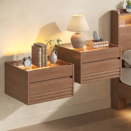 Floating Nightstand Set of 2with Charging Station and LED, Brown | Wall Mounted with Touch Control Light, Fluted Glass Drawer, Bedside Table for Small Spaces, Easy Assembly