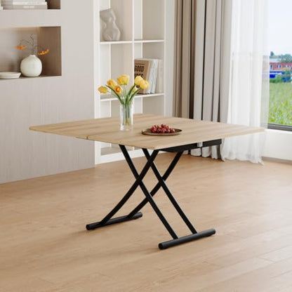 Liftable Folding Dining Table for 4, Adjustable Drop Leaf Table, Folding Coffee Table for Small Spaces, Scratch-Resistant Wood Top with Metal Frame for Apartment Kitchen Living Room - color: Oak-black