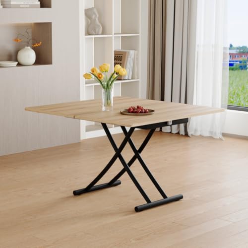 Liftable Folding Dining Table for 4, Adjustable Drop Leaf Table, Folding Coffee Table for Small Spaces, Scratch-Resistant Wood Top with Metal Frame for Apartment Kitchen Living Room - color: Oak-black