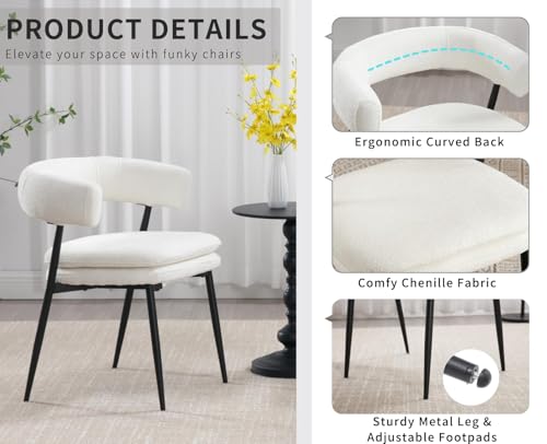 ROCITY White Dining Chairs Set of 2, Upholstered Kitchen Chairs | Curved Barrel Back, Chenille Fabric, Ideal for Dining Room - color: White, size: 2PCS