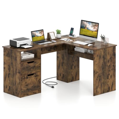 Tangkula 59" L-Shaped Executive Desk w/Power Outlets (Rustic Brown) | Home Office Desk, Wooden Corner Computer Desk w/ Drawers & Bookshelf for Working Gaming Writing - color: Rustic Brown