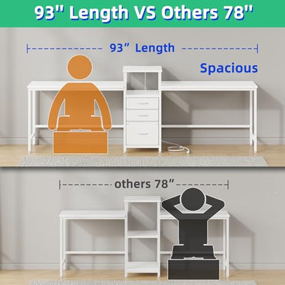 GYIIYUO 93'' Two Person Desk with Charging Station, Long Desk with 3 Drawer | Double Computer Desk with Printer Shelf, 2 Person Writing Study Table Workstation for Home Office, White - color: White
