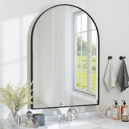 SCWF-GZ 36x24 Arch Mirror Rectangle Full Length Wall Mounted Hanging or Against Wall Metal Aluminium Alloy Frame Dressing Make-up Mirrors for Entryway Bedroom Bathroom Living Room 36 24 inch Black | HD Crystal Clear No distortion Tempered Glass,Make-Up Va