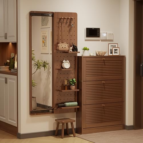 KungFuWood Full Length Mirror with Shelf and Hooks,Entry Way Mirrors for Wall,Wall Mirror with Shelf,Wall Mirror with Storage Multifunctional Design Panel,Living Room - color: Walnut, size: 52.4"L x 19"W
