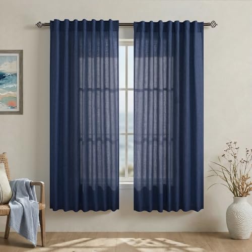 Mrs.Naturall Navy Blue Curtains 63 Inch Length, Back Tab Nautical Coastal Airy Light Filtering Semi Sheer Linen Curtains 63 Inches Long 2 Panel Set for Living Room Boys Bedroom, Dark Blue - color: Navy Blue, size: 52"W x 63"L (Pack of 2)