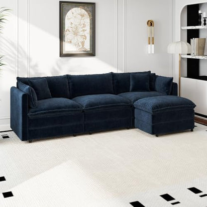Aoowow Modular Sectional Sofa Modern Convertible L Shaped Couch,112.2 Inch Deep 3-Seater Sofas Set Comfy Chenille Cloud Sofas and Couches with Movable Ottoman for Living Room Apartment（Blue） - color: Blue, size: 3 Seat + Ottoman